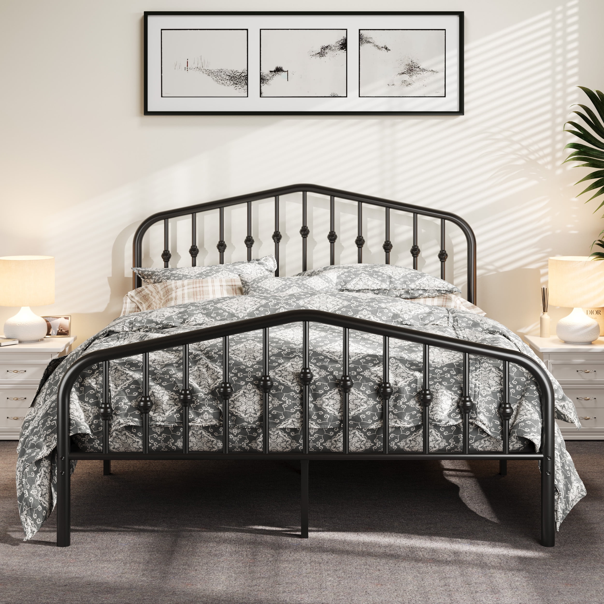 Allewie Full Size Metal Platform Bed Frame with Vintage Headboard and Footboard, No Box Spring Needed, Easy Assembly, Black