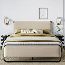 Allewie Full Size Metal Platform Bed Frame with Curved Upholstered Headboard and Footboard, Beige