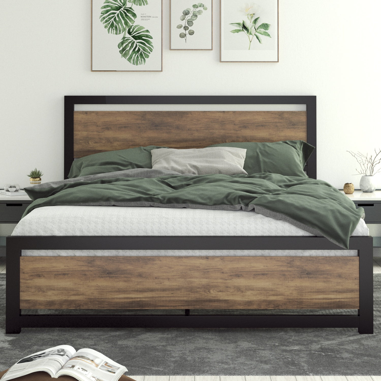 Allewie Full Bed Frame, Metal Platform Bed Frame with Wooden Headboard, 12.4" Under-Bed Storage, Brown