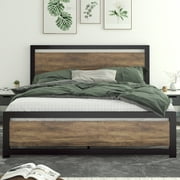 Allewie Full Size Metal Platform Bed Frame with Square Frame Wooden Headboard&Footboard, Brown