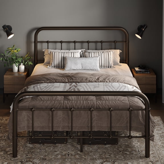 Allewie Full Size Metal Platform Bed Frame with Victorian Style Wrought Iron-Art Headboard/Footboard, Antique Gold
