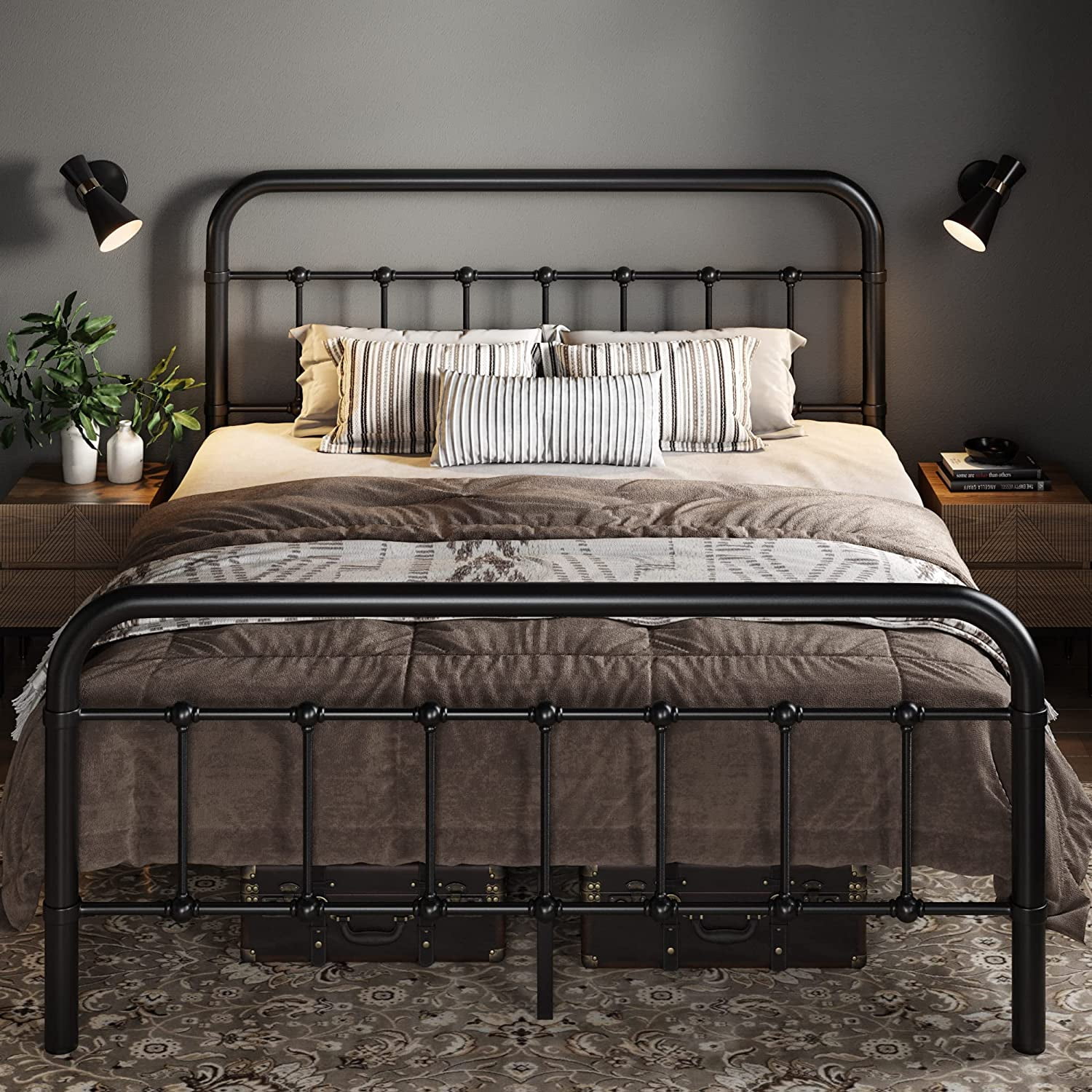 Full Size Black Metal Platform Bed Frame with Victorian Headboard