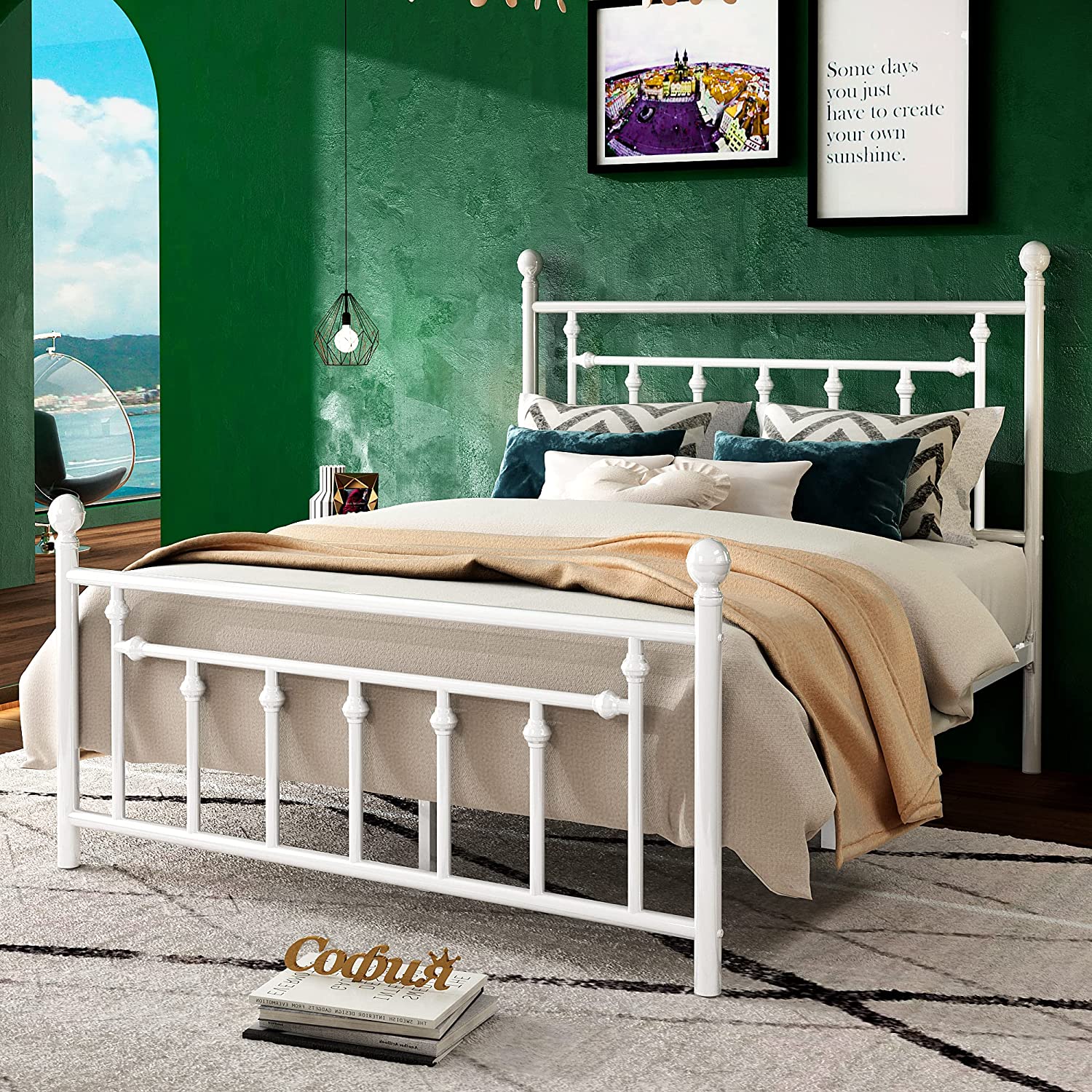 Allewie Full Size Metal Platform Bed Frame with Victorian Vintage Headboard&Footboard, White