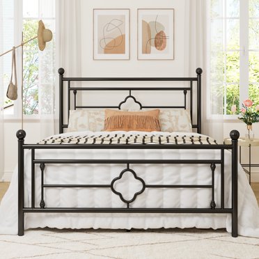 Queen Size Metal Platform Bed Frame With Vintage Victorian Style Headboard & Footboard – Black, Retro Design