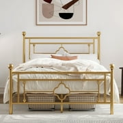Allewie Full Size Metal Platform Bed Frame with Victorian Vintage Headboard and Footboard, Gold
