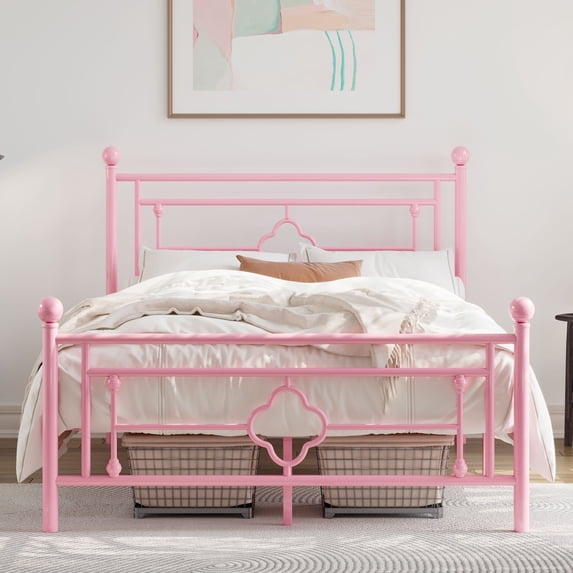 Allewie Full Size Metal Platform Bed Frame with Victorian Vintage Headboard and Footboard, Pink