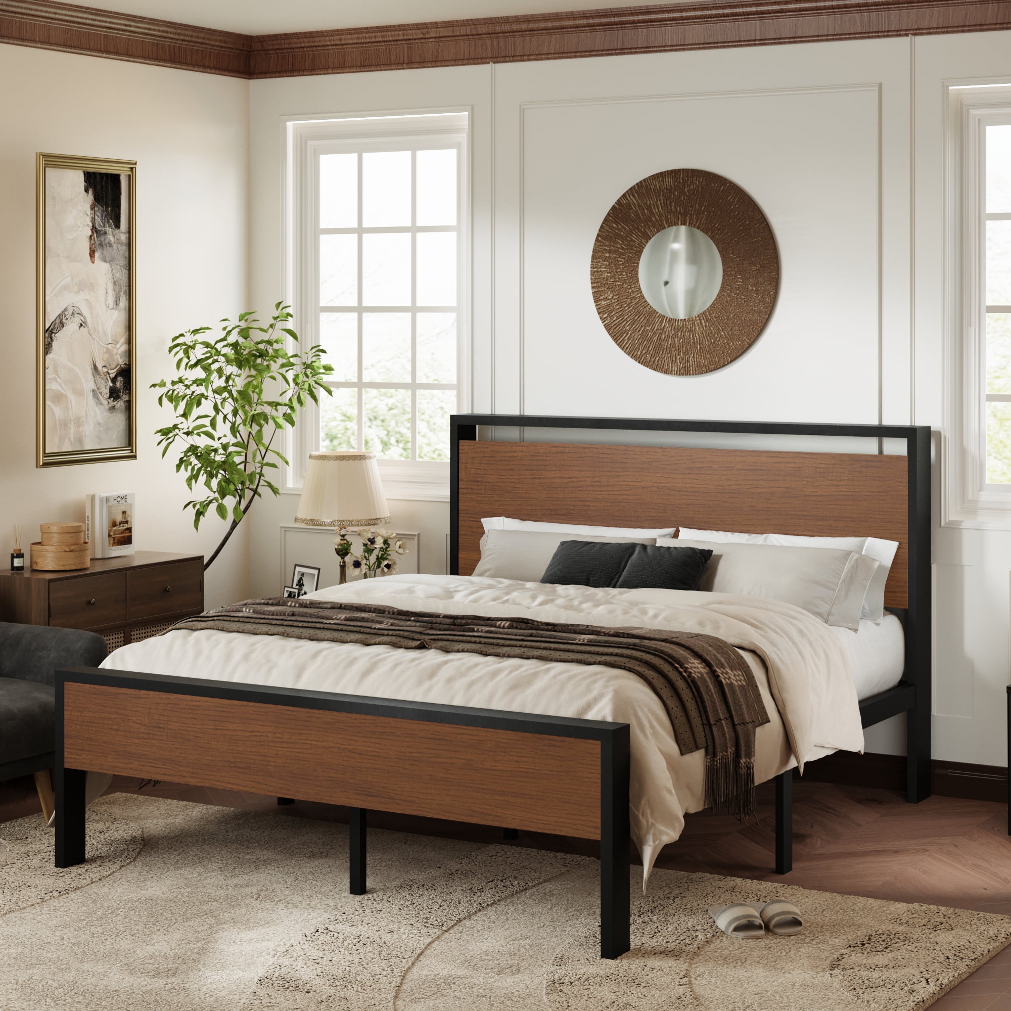 Allewie Full Size Bed Frame, Heavy Duty Metal Platform Bed with Wooden Industrial Headboard & Footboard, No Box Spring Needed, Walnut