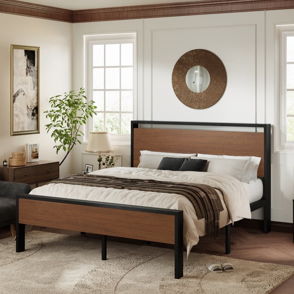 Allewie Full Size Bed Frame, Heavy Duty Metal Platform Bed with Wooden Industrial Headboard & Footboard, No Box Spring Needed, Walnut