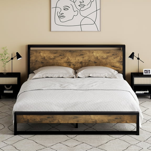 Allewie Full Size Modern Bed Frame with Wooden Headboard, Heavy Duty Metal Platform Bed, Rustic Brown