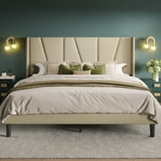 Allewie Full Bed Frame, Upholstered Platform Bed with Wingback and Geometric Headboard, Beige