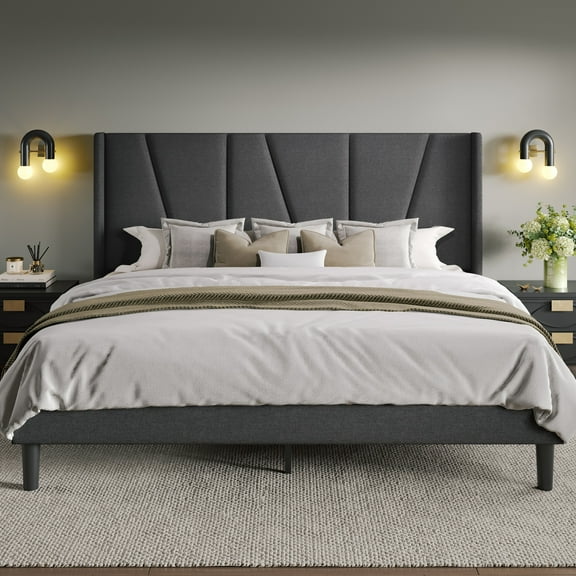 Allewie Full Bed Frame, Upholstered Platform Bed with Wingback and Geometric Headboard, Gray