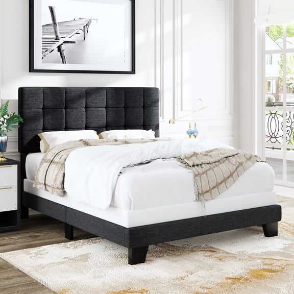 Allewie Full Size Panel Platform Bed Frame with Adjustable High Upholstered Headboard, Dark Gray