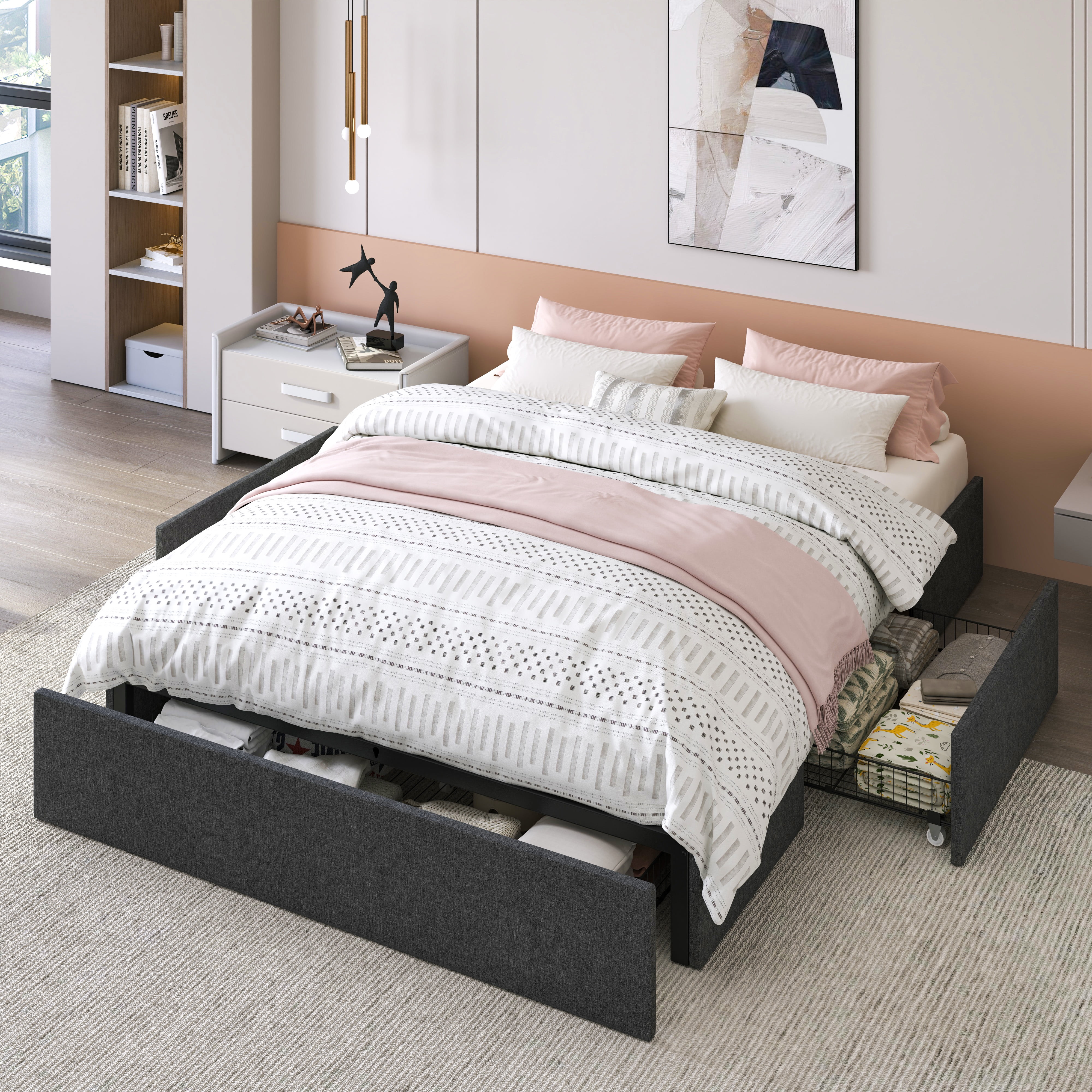 Dark Gray Full Upholstered Platform Bed with Storage Drawers