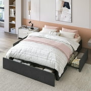 Allewie Full Size Platform Bed Frame with 3 Storage Drawers, Fabric Upholstered, Dark Grey