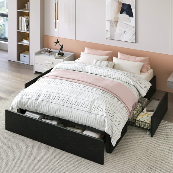 Allewie Full Size Platform Bed Frame with 3 Storage Drawers, Faux Leather Upholstered, Black