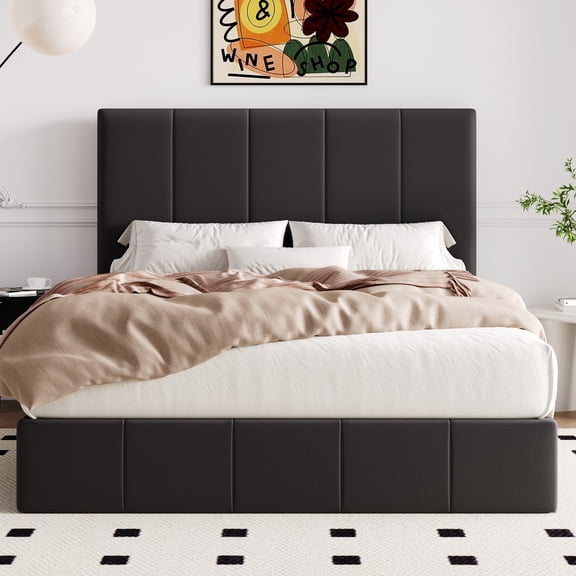 Allewie Full Size Velvet Lift Up Storage Bed Frame, Vertical Channel Tufted Headboard, Hydrualic Underneath Storage, Upholstered Platform Bed, Wooden Slats Support, No Box Spring Needed, Black
