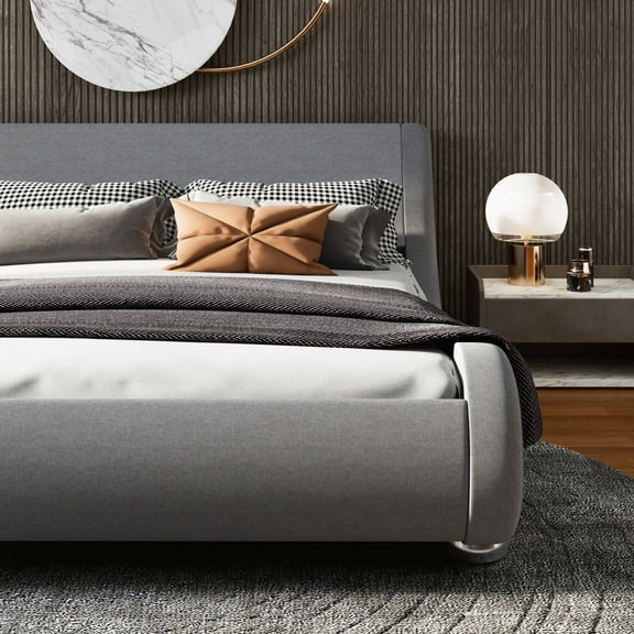 Allewie Full Size Platform Bed Frame with Curved Adjustable Headboard, 100% Fabric Upholstered Style, 10'' Mattress Recommended, Grey