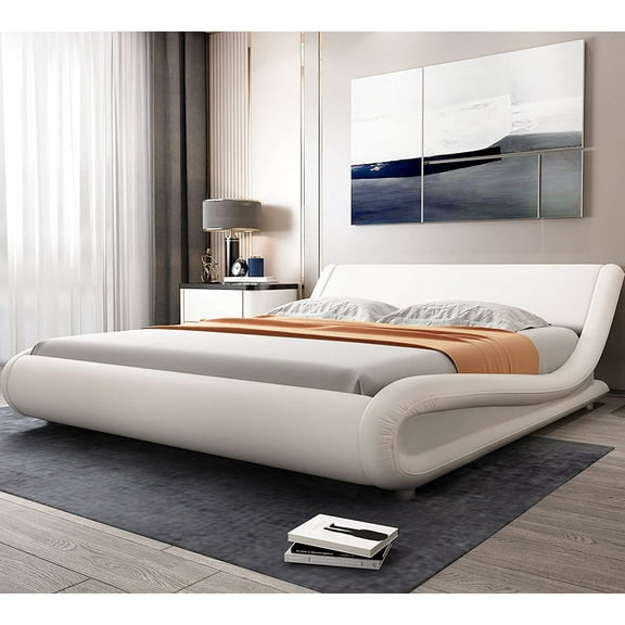 Allewie Full Size Platform Bed Frame with Curved Adjustable Headboard, Faux Leather Upholstered Style, 10'' Mattress Recommended, White