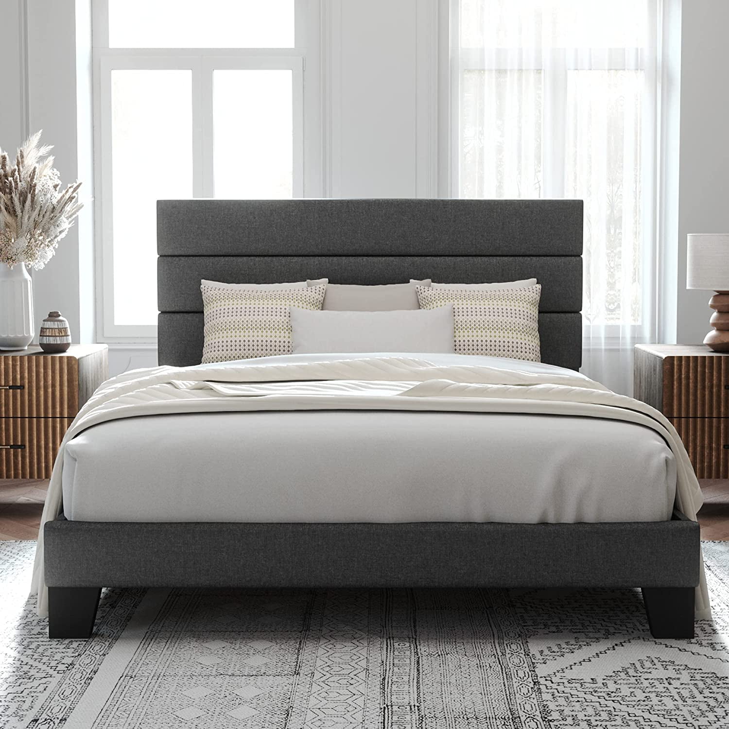Allewie Full Size Platform Bed Frame with Fabric Upholstered Headboard No Box Spring Needed Dark Grey