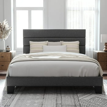 Allewie Full Size Platform Bed Frame with Fabric Upholstered Headboard, No Box Spring Needed, Dark Grey