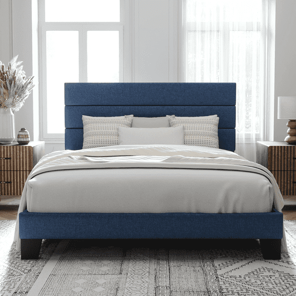 Allewie Full Size Platform Bed Frame with Fabric Upholstered Headboard, No Box Spring Needed, Navy Blue