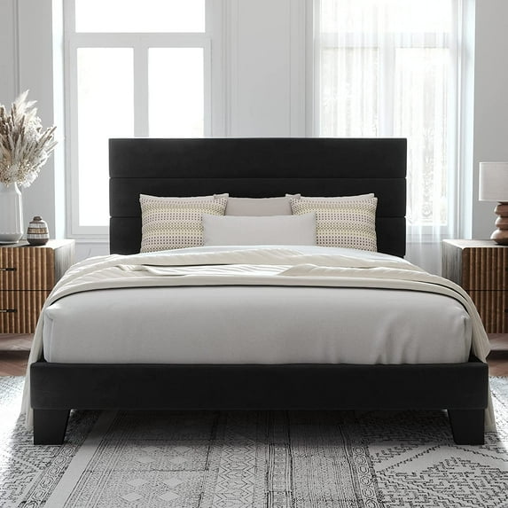 Allewie Full Size Platform Bed Frame with Velvet Headboard/Fully Upholstered Mattress Foundation, No Box Spring Needed, Black