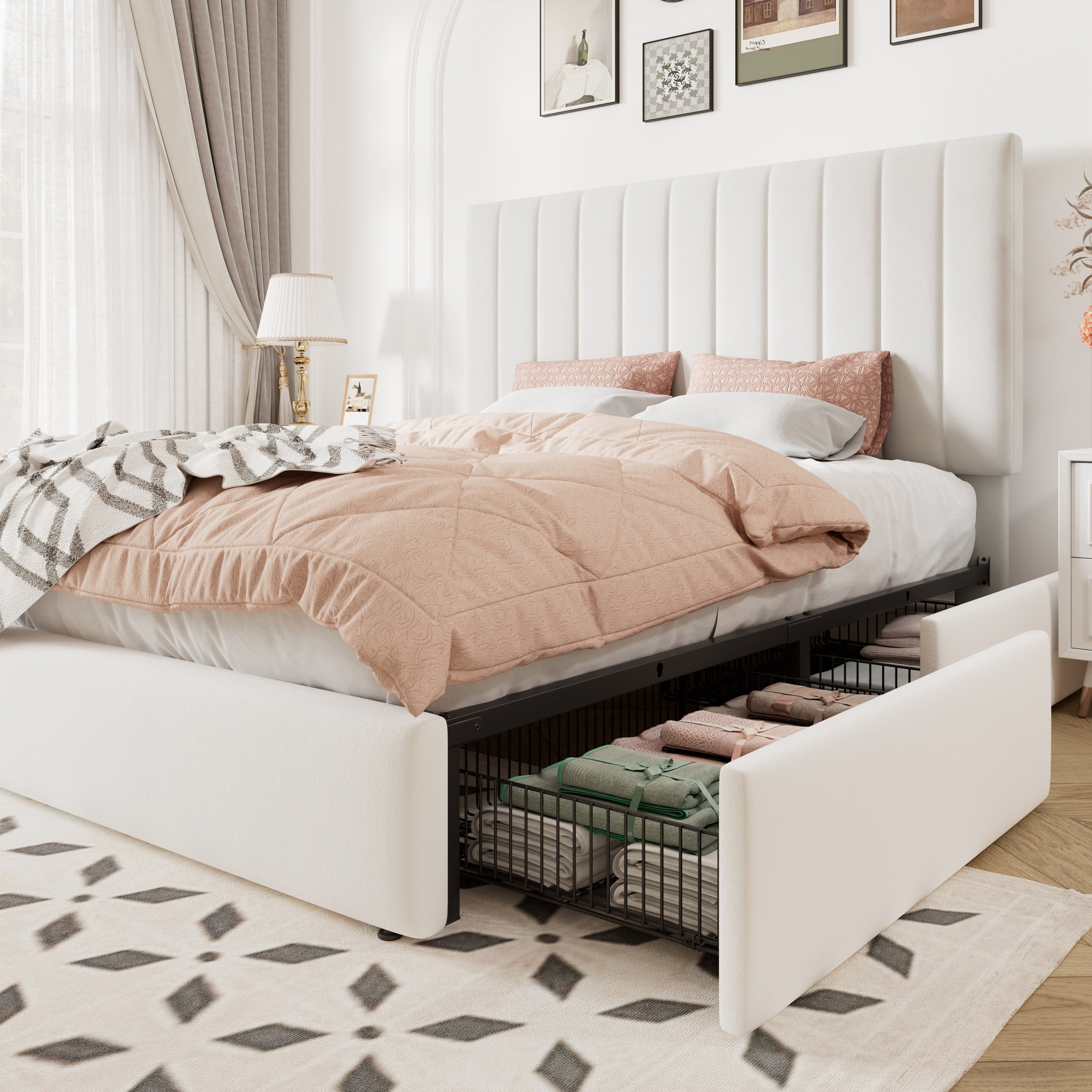 Allewie Full Size Storage Bed Frame,Adjustable Headboard, Velvet Upholstered Platform Bed with 4 Oversized Underbed Drawers, Wooden Slats Support, No Box Spring Needed, White