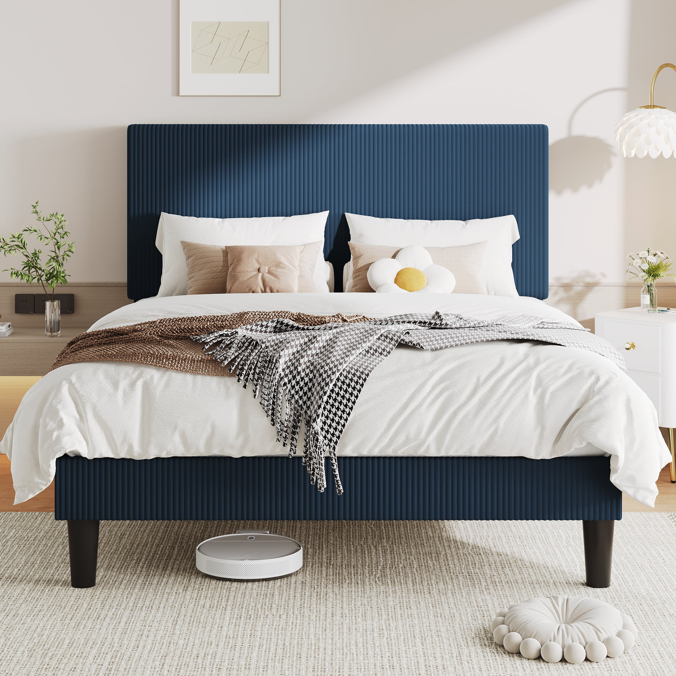Allewie Full Size Upholstered Bed Frame with Vertical Channel Tufted Headboard, Soft Corduroy Fabric Platform Bed, Dark Blue