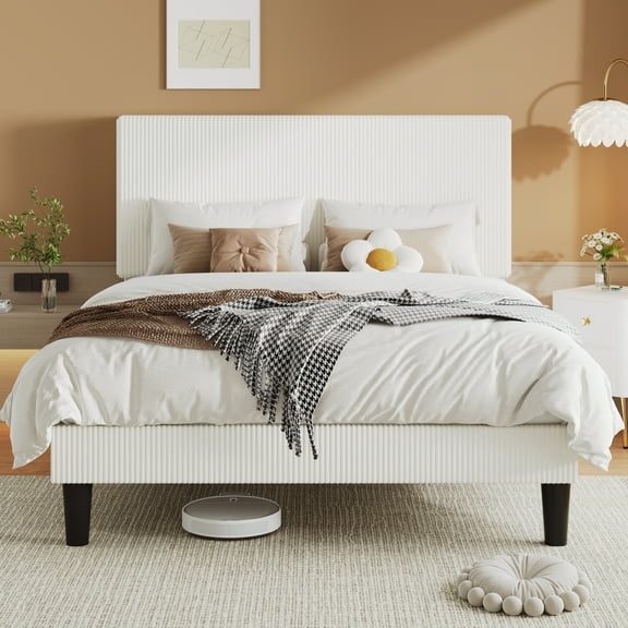 Allewie Full Size Upholstered Bed Frame with Vertical Channel Tufted Headboard, Soft Corduroy Fabric Platform Bed, White