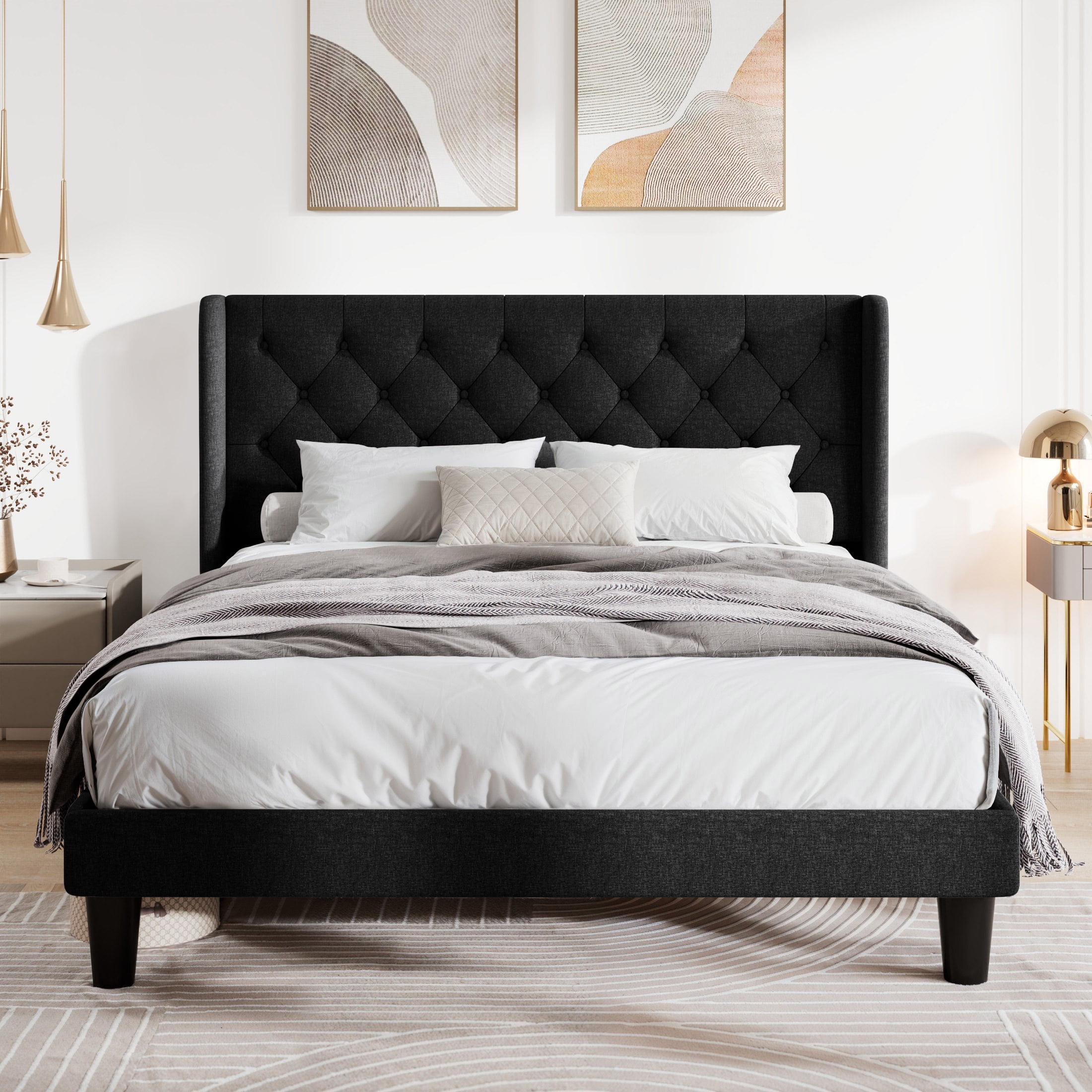 Allewie Full Size Upholstered Platform Bed Frame with Fabric Wingback Button Tufted Headboard, Black