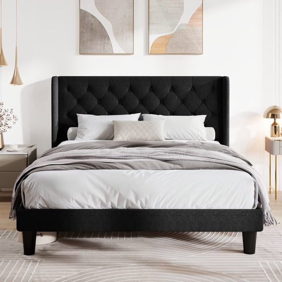 Allewie Full Size Upholstered Platform Bed Frame with Fabric Wingback Button Tufted Headboard, Black