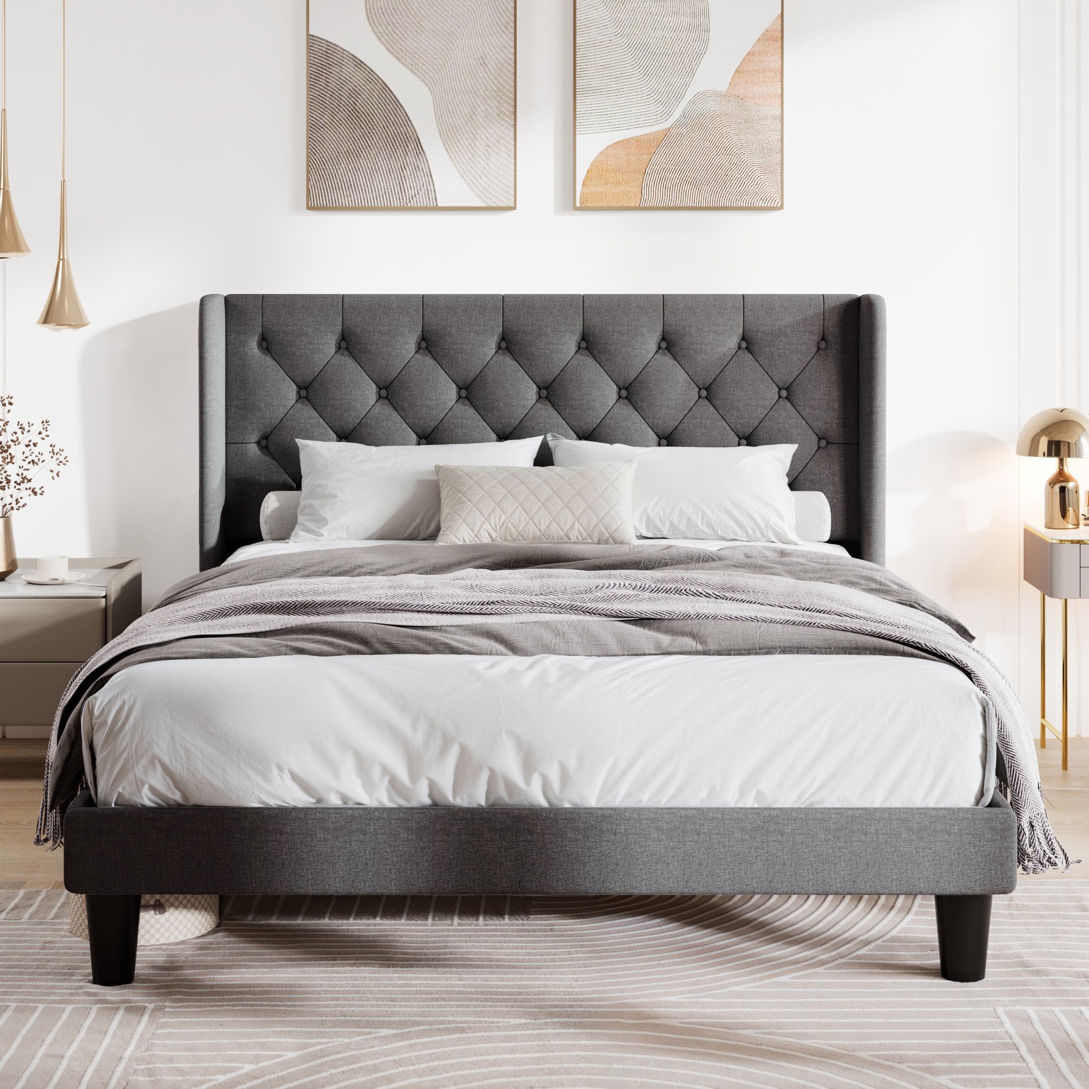 Allewie Full Size Upholstered Platform Bed Frame with Fabric Wingback Button Tufted Headboard, Light Grey