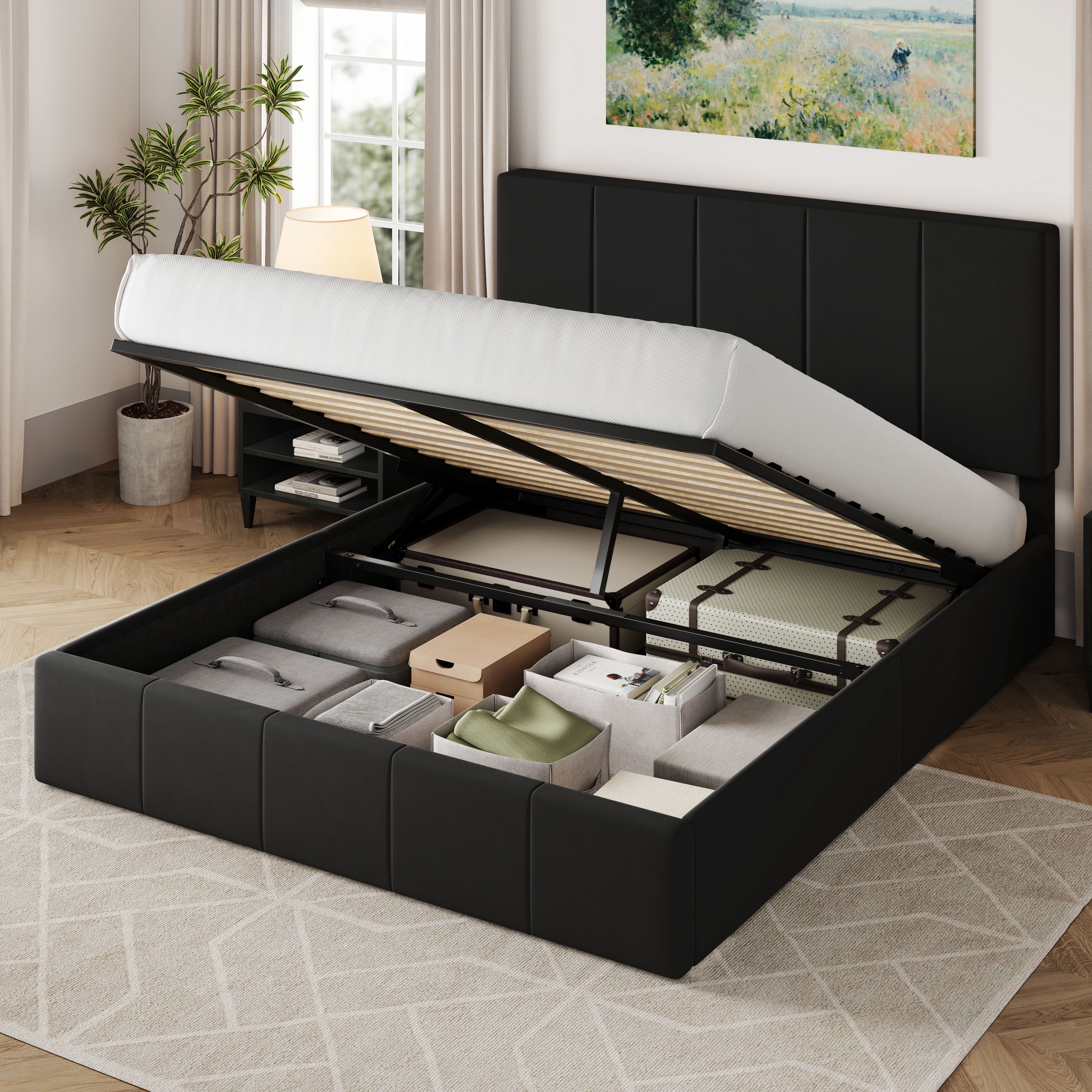Allewie Full Size Velvet Lift Up Storage Bed Frame, Vertical Channel ...