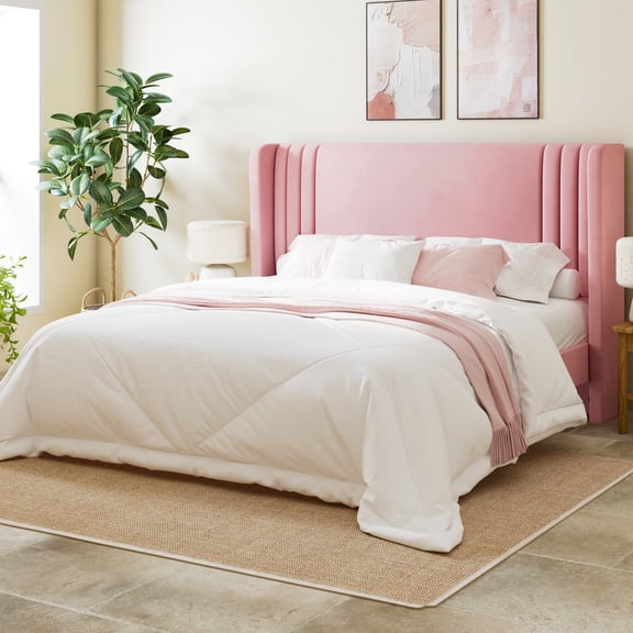 Allewie Full Size Velvet Platform Bed Frame with Vertical Tufted Wingback Headboard, Easy Assembly, Under Bed Storage, No Box Spring Required, Modern Style, Pink