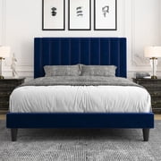 Allewie Full Size Velvet Upholstered Bed Frame with Vertical Channel Tufted Headboard, Navy Blue