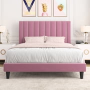 Allewie Full Size Velvet Upholstered Bed Frame with Vertical Channel Tufted Headboard, Pink