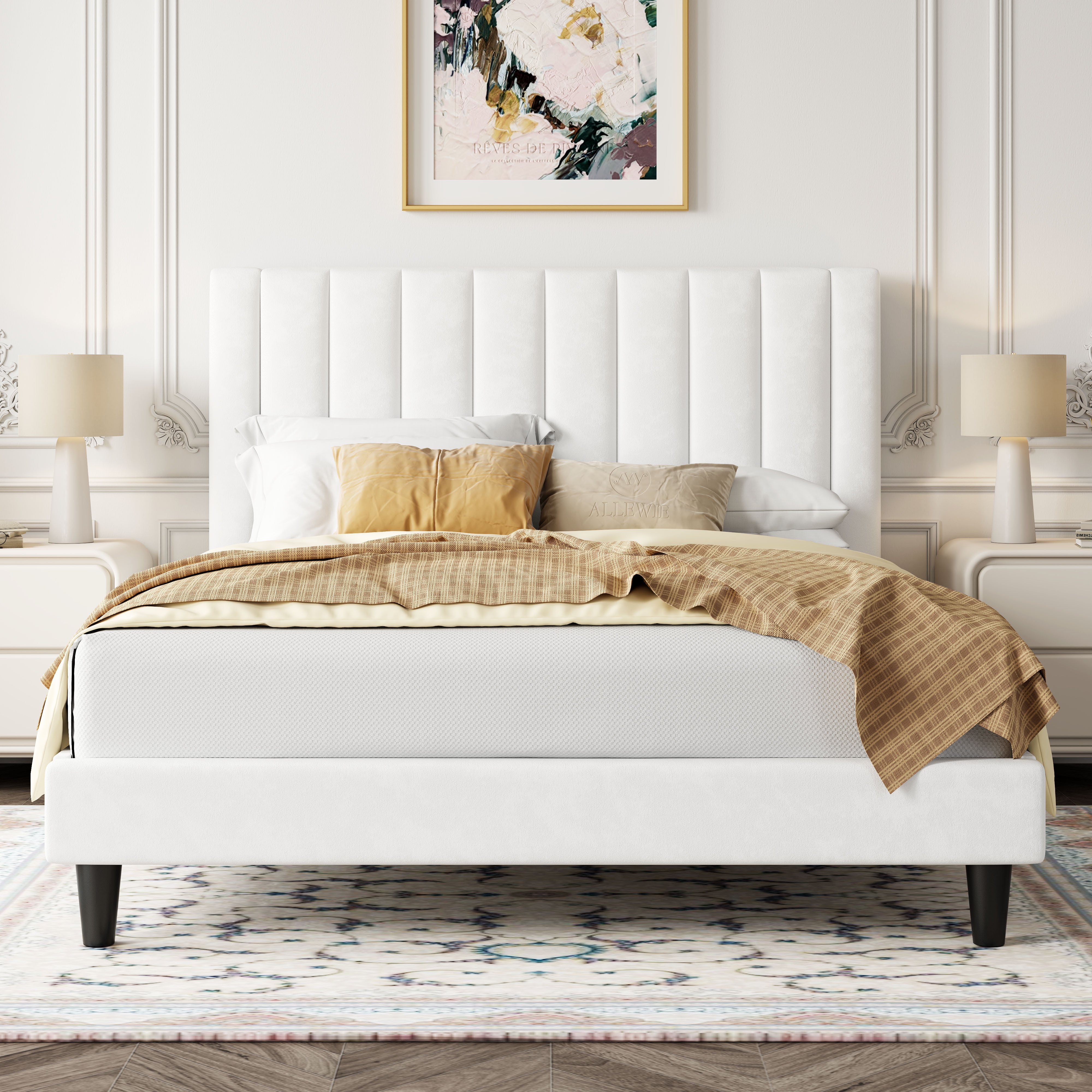 Allewie Full Size Velvet Upholstered Bed Frame with Vertical Channel Tufted Headboard White