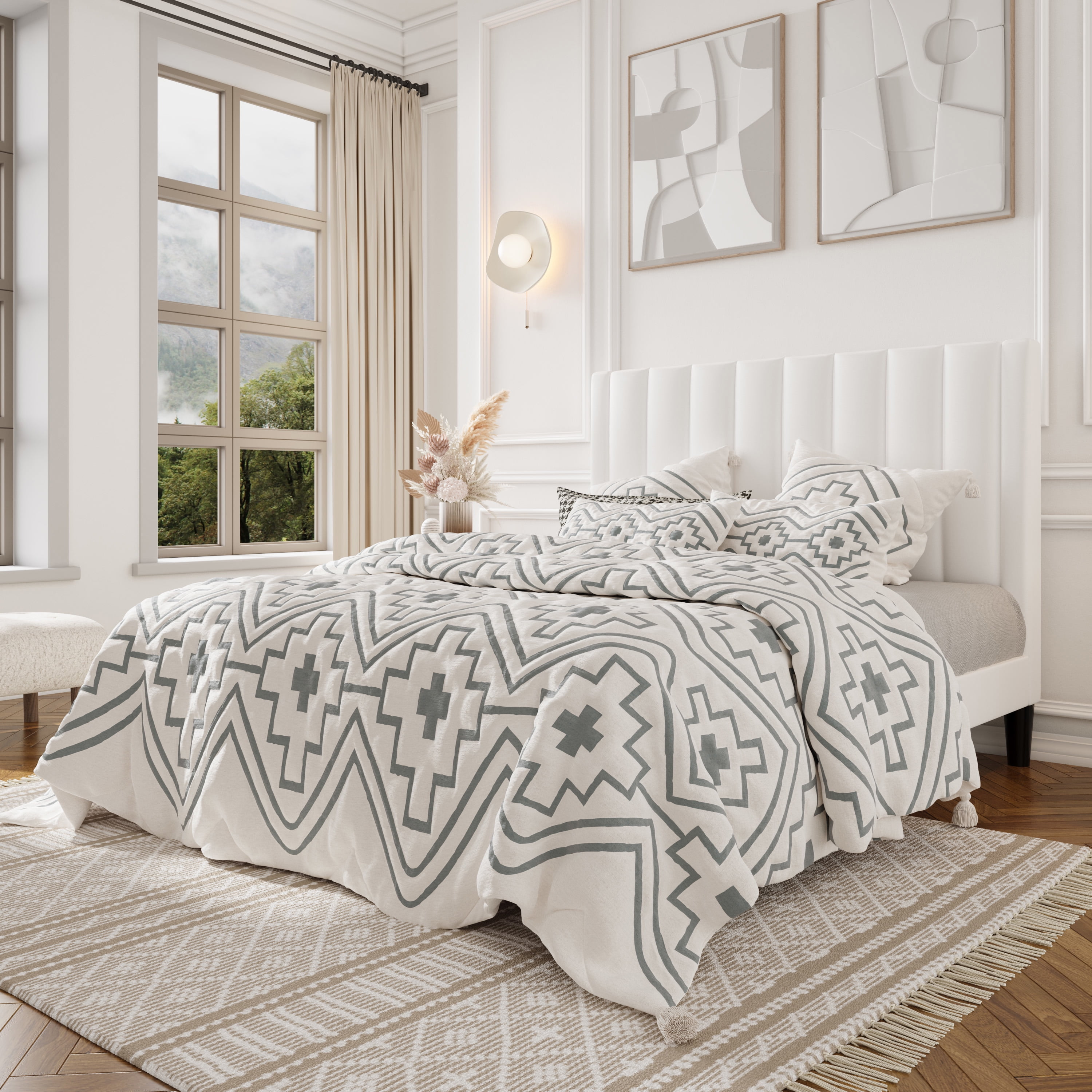 Allewie Full Size Velvet Upholstered Bed Frame with Vertical Channel Tufted Headboard, White