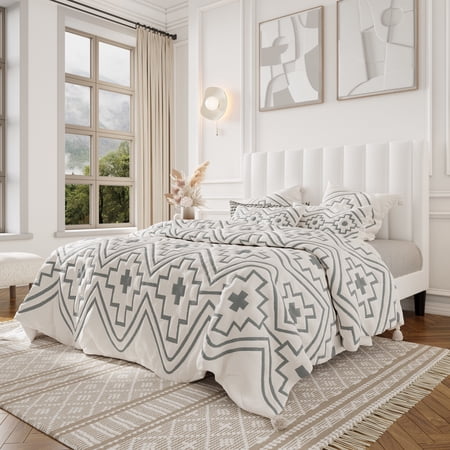 Allewie Full Size Velvet Upholstered Bed Frame with Vertical Channel Tufted Headboard, White