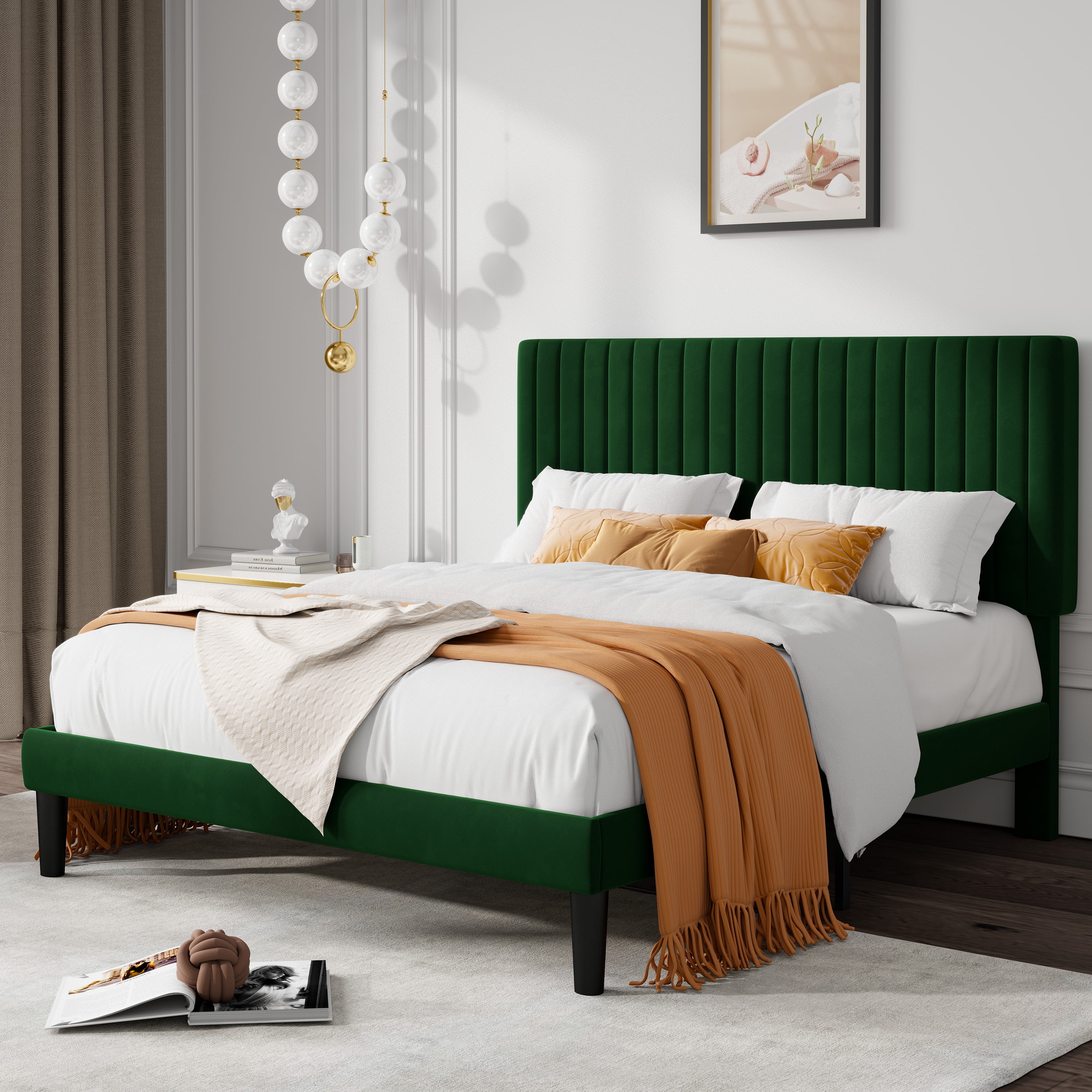 Allewie Full Size Velvet Upholstered Platform Bed Frame with Adjustable Vertical Channel Tufted Headboard Green