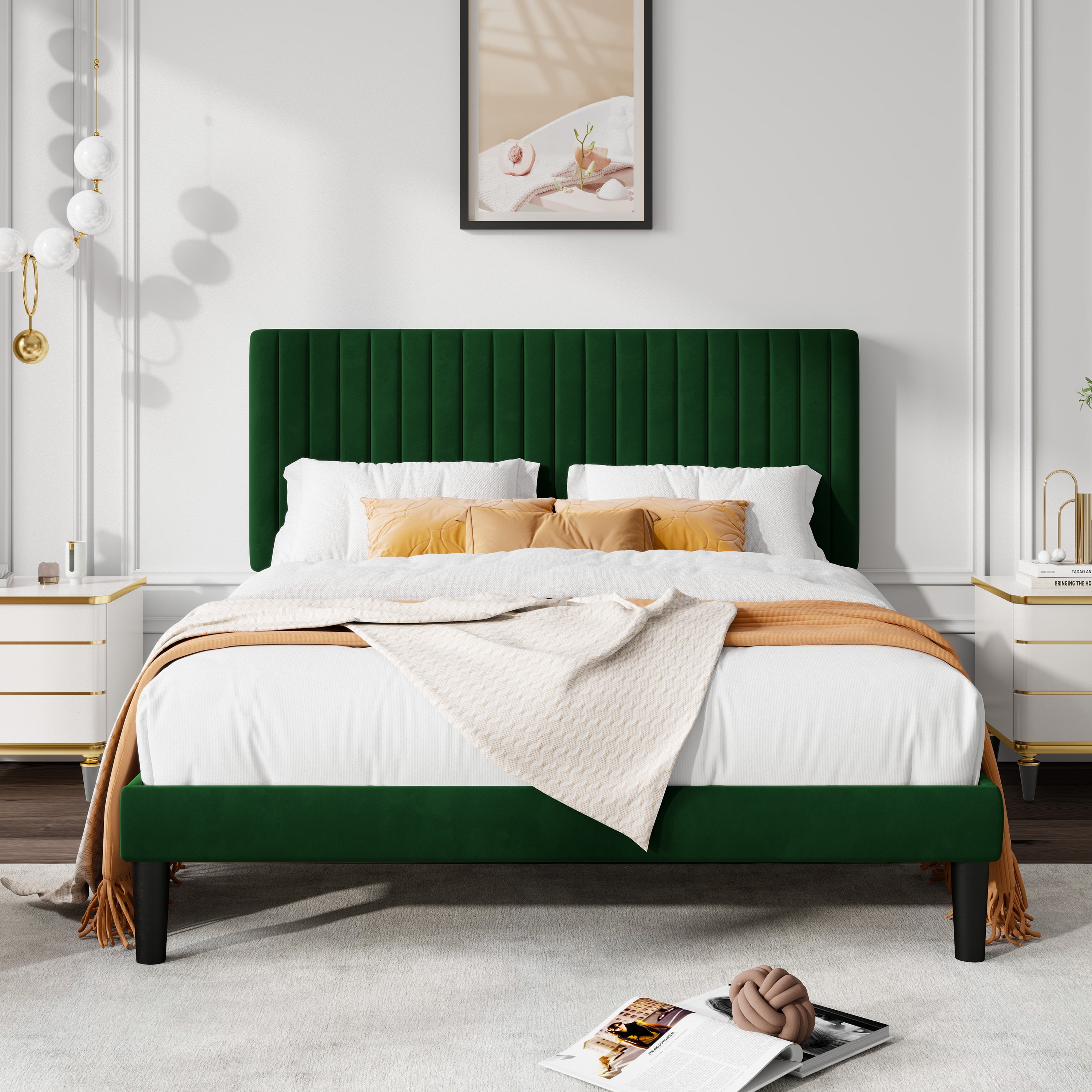 Allewie Full Size Velvet Upholstered Platform Bed Frame with Adjustable