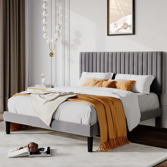 Allewie Full Size Velvet Upholstered Platform Bed Frame with Adjustable Vertical Channel Tufted Headboard, Grey