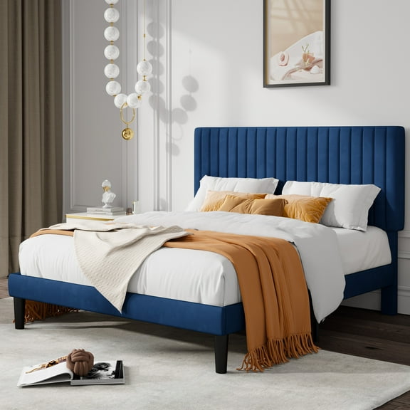 Allewie Full Size Velvet Upholstered Platform Bed Frame with Adjustable Vertical Channel Tufted Headboard, Navy Blue