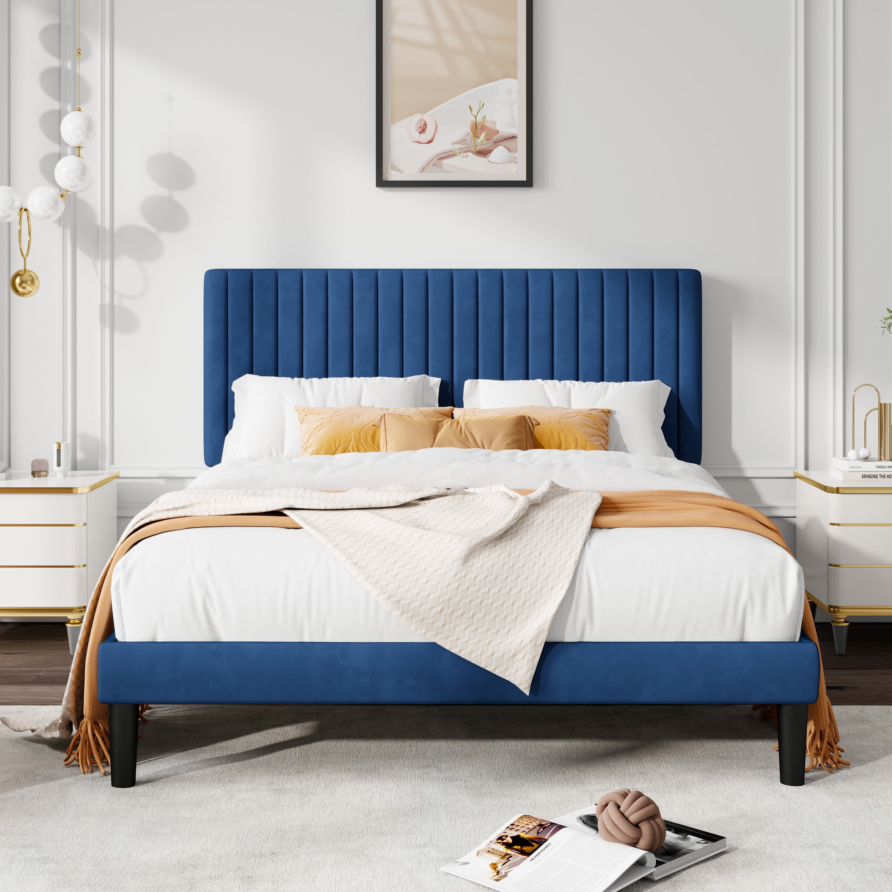 Allewie Full Size Velvet Upholstered Platform Bed Frame with Adjustable