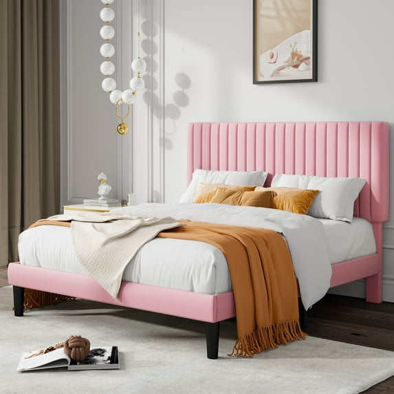 Allewie Full Size Velvet Upholstered Platform Bed Frame with Adjustable Vertical Channel Tufted Headboard, Pink