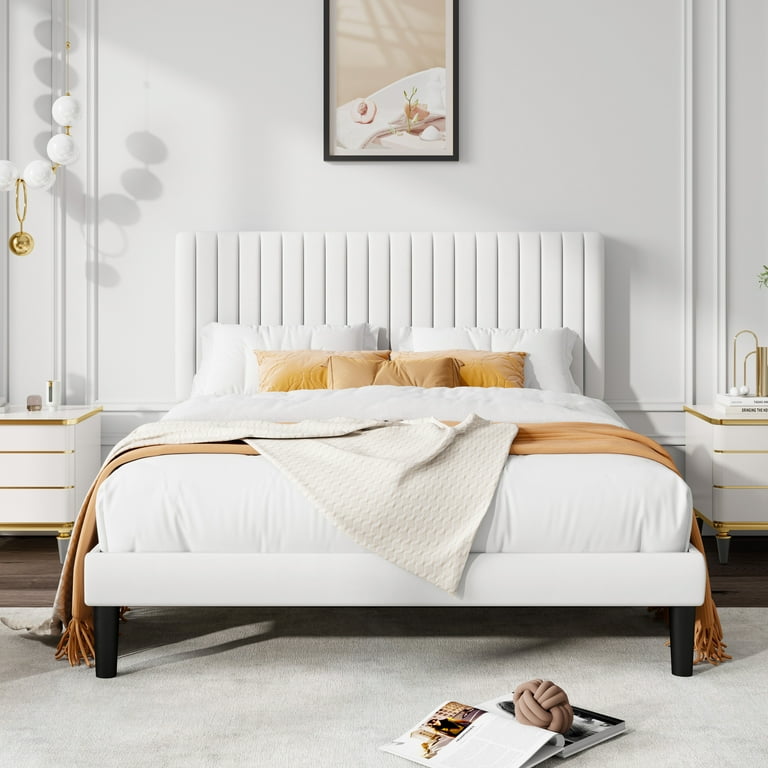 ベッドフレーム White bed frame Harper & Bright Designs White Wood Frame Queen Size Platform