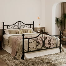 Allewie Full Size Vintage Metal Bed Frame with Butterfly Pattern Design Headboard & Footboard, Black