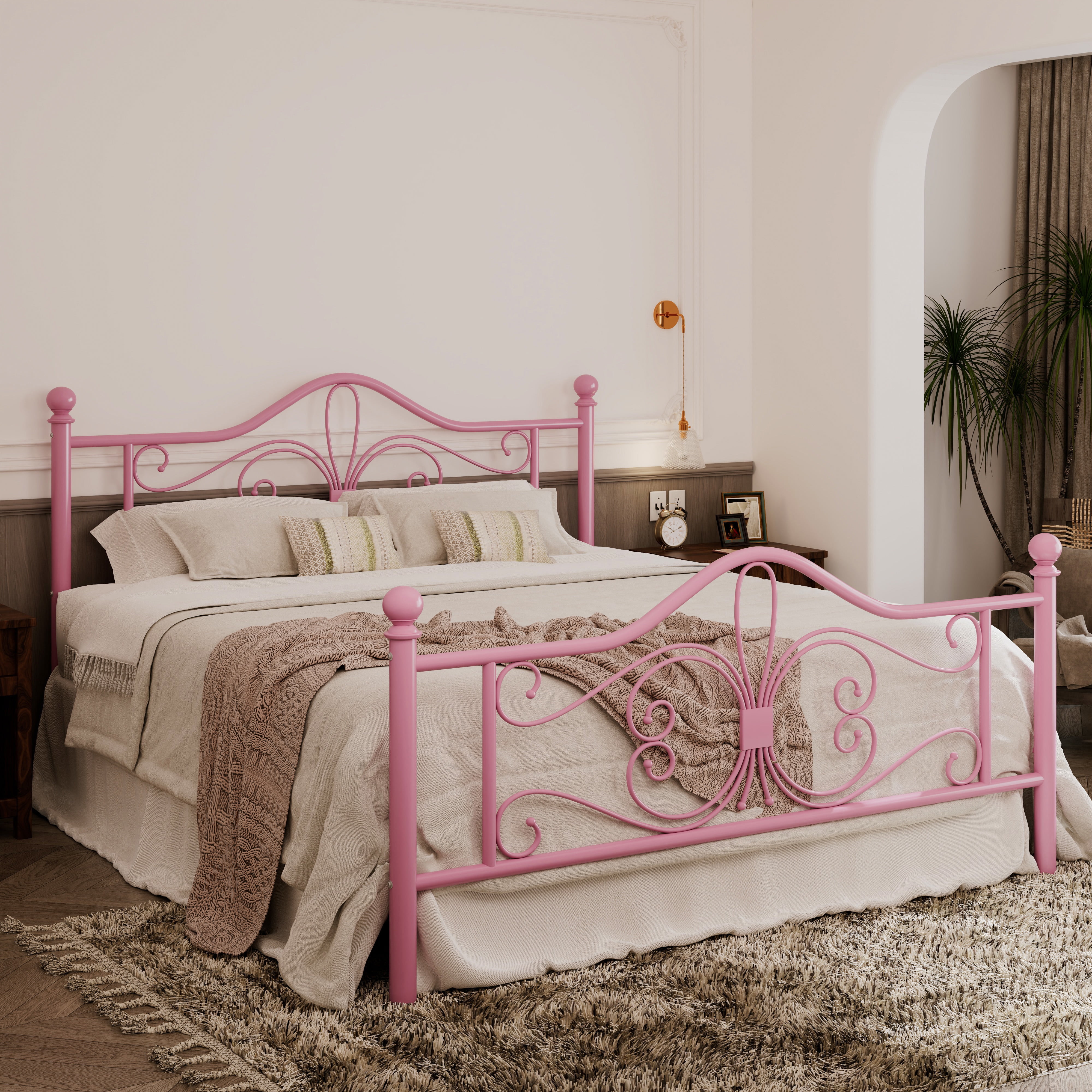 Allewie Full Size Vintage Metal Bed Frame with Butterfly Pattern Design Headboard & Footboard, Pink