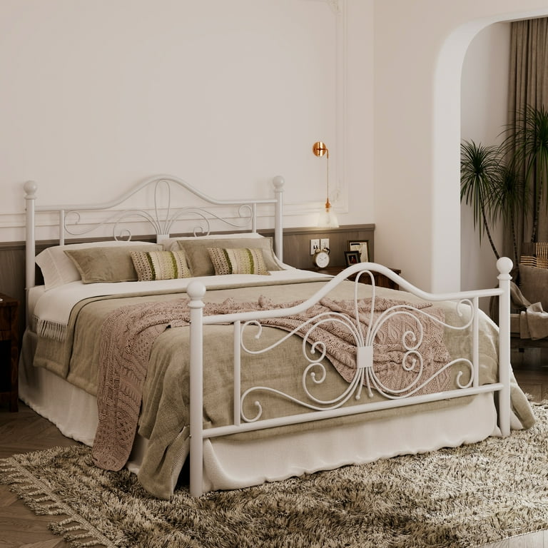 Allewie Full Size White Metal Bed Frame with Butterfly