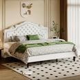 thumbnail image 1 of Allewie King Bed Frame, Velvet Tiara Upholstered Diamond Button Tufted Headboard, No Box Spring Needed, White, 1 of 9